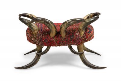 American Rustic Horn and Kilim Upholstered Chair Bench