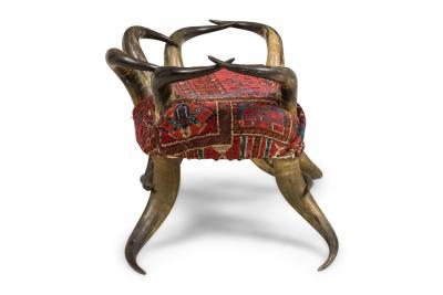 American Rustic Horn and Kilim Upholstered Chair Bench