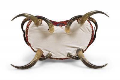 American Rustic Horn and Kilim Upholstered Chair Bench