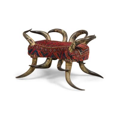 American Rustic Horn and Kilim Upholstered Chair Bench