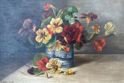 American School Nasturtiums in Blue Vase 