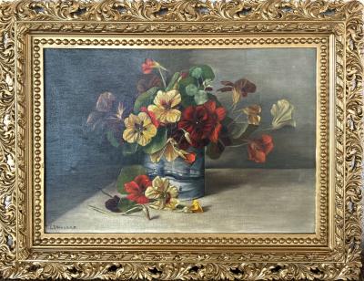 American School Nasturtiums in Blue Vase 