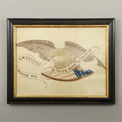 American School Patriotic Calligraphy Depicting an Eagle Banner and Shield