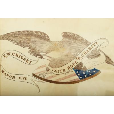 American School Patriotic Calligraphy Depicting an Eagle Banner and Shield