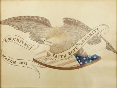 American School Patriotic Calligraphy Depicting an Eagle Banner and Shield