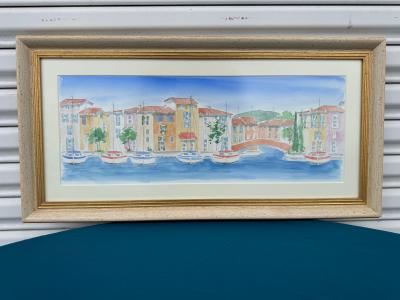 American School Watercolor of waterfront scene