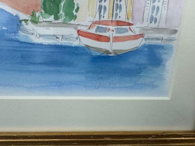American School Watercolor of waterfront scene