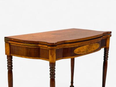 American Sheraton Mahogany Tulipwood Serpentine Inlaid Card Table USA 1810