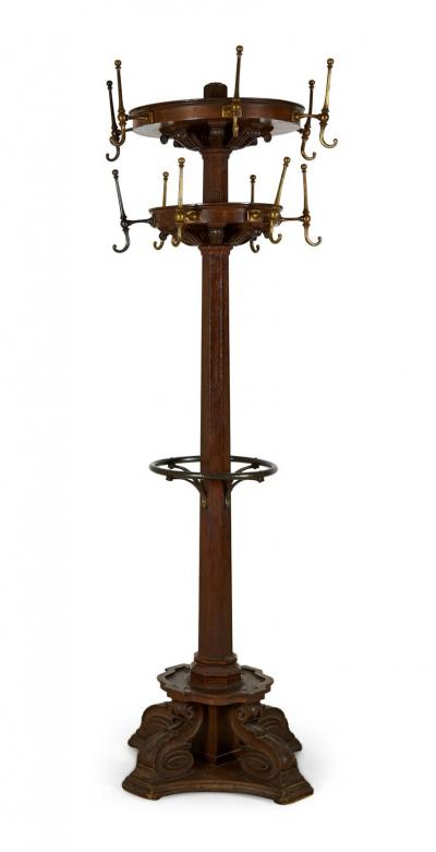 American Victorian Carved Oak and Brass Coat Hatrack