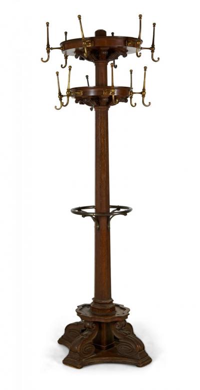 American Victorian Carved Oak and Brass Coat Hatrack