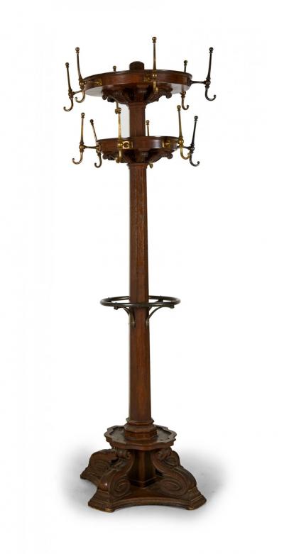 American Victorian Carved Oak and Brass Coat Hatrack