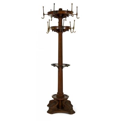 American Victorian Carved Oak and Brass Coat Hatrack