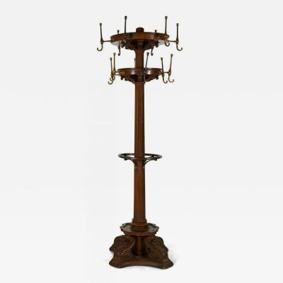 American Victorian Carved Oak and Brass Coat Hatrack
