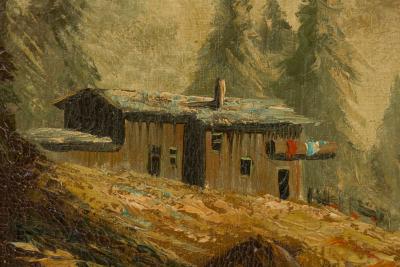 American Victorian Landscape Painting Of A House Up In The Mountains
