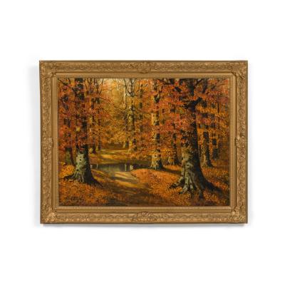 American Victorian Landscape Painting Of Autumn Trees Near A Lake