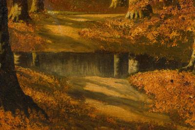 American Victorian Landscape Painting Of Autumn Trees Near A Lake