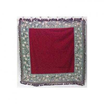 American Victorian Maroon and Blue Needlepoint Table Cover