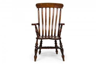 American Victorian Oak Slat Back Armchair with Shaped Seat and Turned Supports
