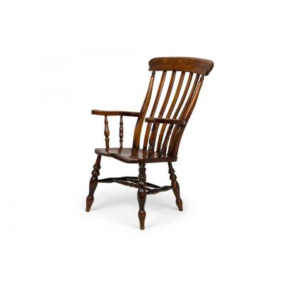 American Victorian Oak Slat Back Armchair with Shaped Seat and Turned Supports