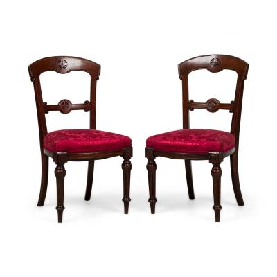 American Victorian Red Damask Upholstered Side Chairs