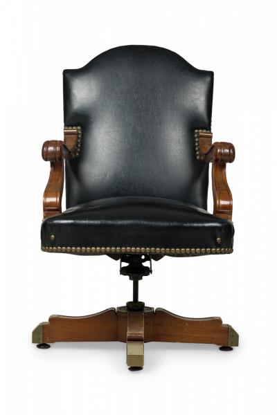 American Victorian Style Black Leather Upholstered Swivel Chair