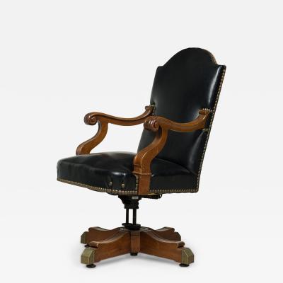 American Victorian Style Black Leather Upholstered Swivel Chair