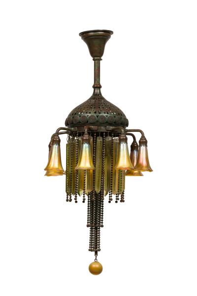 American Victorian Tiffany 8 Quezal Light Green Patinated Bronze Chandelier