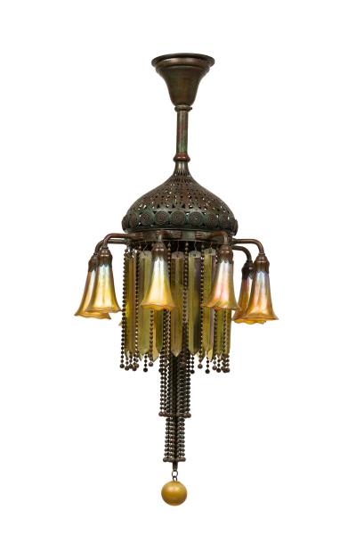 American Victorian Tiffany 8 Quezal Light Green Patinated Bronze Chandelier