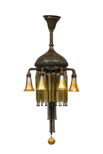 American Victorian Tiffany 8 Quezal Light Green Patinated Bronze Chandelier