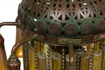 American Victorian Tiffany 8 Quezal Light Green Patinated Bronze Chandelier