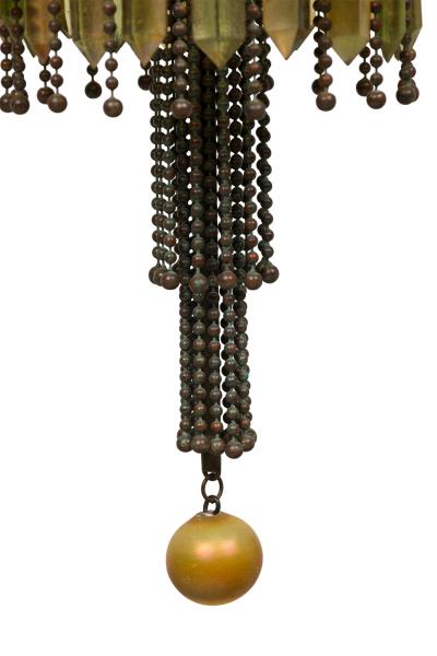 American Victorian Tiffany 8 Quezal Light Green Patinated Bronze Chandelier