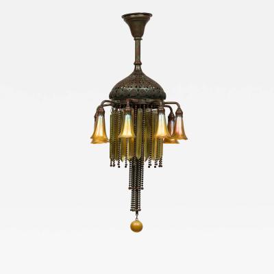 American Victorian Tiffany 8 Quezal Light Green Patinated Bronze Chandelier