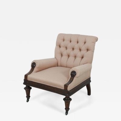 American Victorian Tufted Upholstered Red and Beige Checkered Mahogany Armchair
