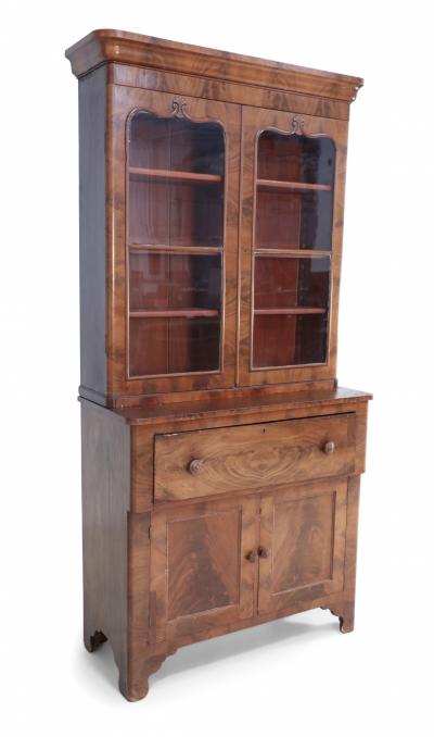 American Victorian Walnut Secretary Glass Front Cabinet