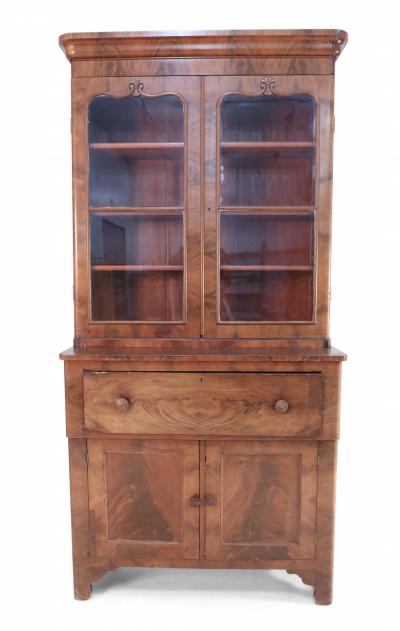 American Victorian Walnut Secretary Glass Front Cabinet