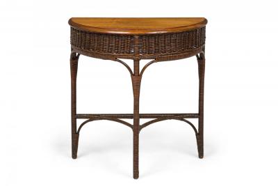 American Victorian Wicker and Oak Topped Demilune 3 Legged Console Table