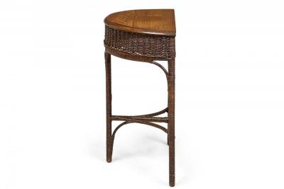 American Victorian Wicker and Oak Topped Demilune 3 Legged Console Table