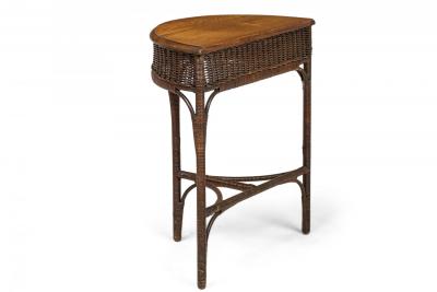 American Victorian Wicker and Oak Topped Demilune 3 Legged Console Table