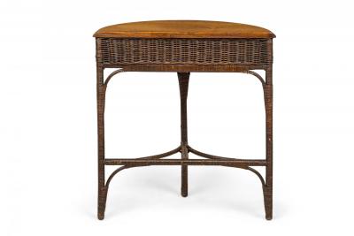American Victorian Wicker and Oak Topped Demilune 3 Legged Console Table
