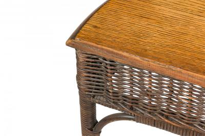 American Victorian Wicker and Oak Topped Demilune 3 Legged Console Table