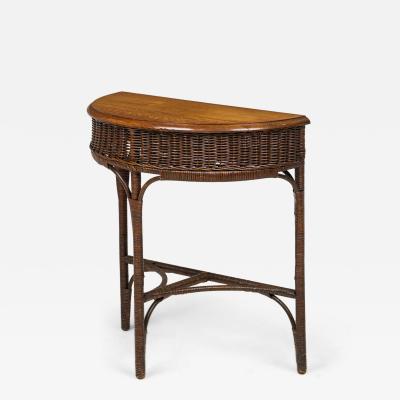 American Victorian Wicker and Oak Topped Demilune 3 Legged Console Table