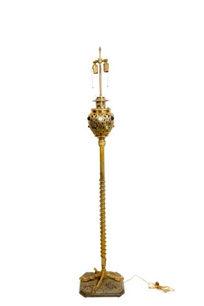American Victorian Zoomorphic Brass Jeweled Floor Lamp