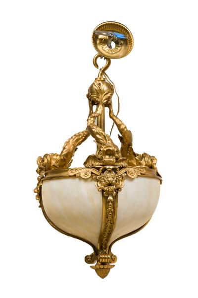 American Victorian bronze dore hanging lantern with 3 dolphins