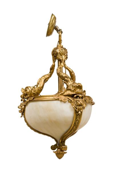 American Victorian bronze dore hanging lantern with 3 dolphins