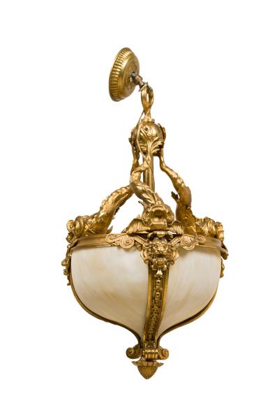 American Victorian bronze dore hanging lantern with 3 dolphins