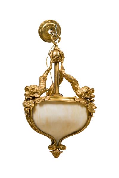 American Victorian bronze dore hanging lantern with 3 dolphins