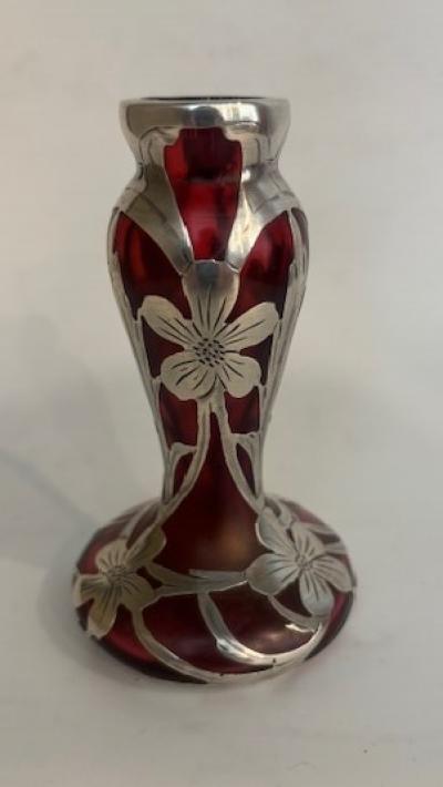 American Victorian cranberry glass and silver overlay bud vase