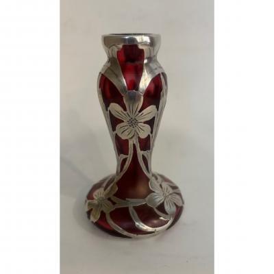 American Victorian cranberry glass and silver overlay bud vase