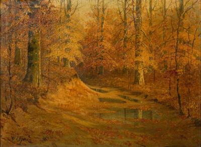 American Victorian landscape painting of a fall forest scene