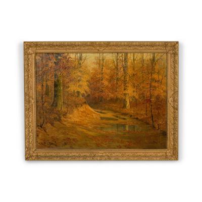 American Victorian landscape painting of a fall forest scene